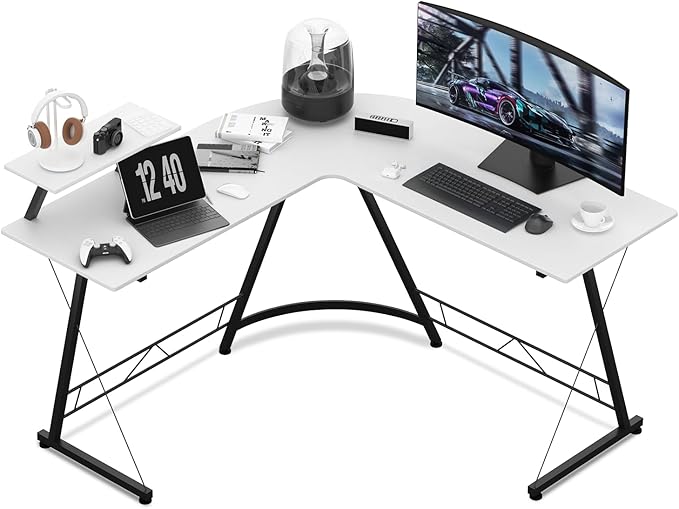 L Shaped Gaming Desk Computer Corner Table with Metal Frame, L Desk Workstation for Home Office, Space-Saving, Black