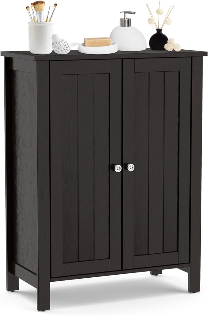 Bathroom Floor Cabinet - Freestanding Side Storage Organizer with Double Doors & Adjustable Shelf