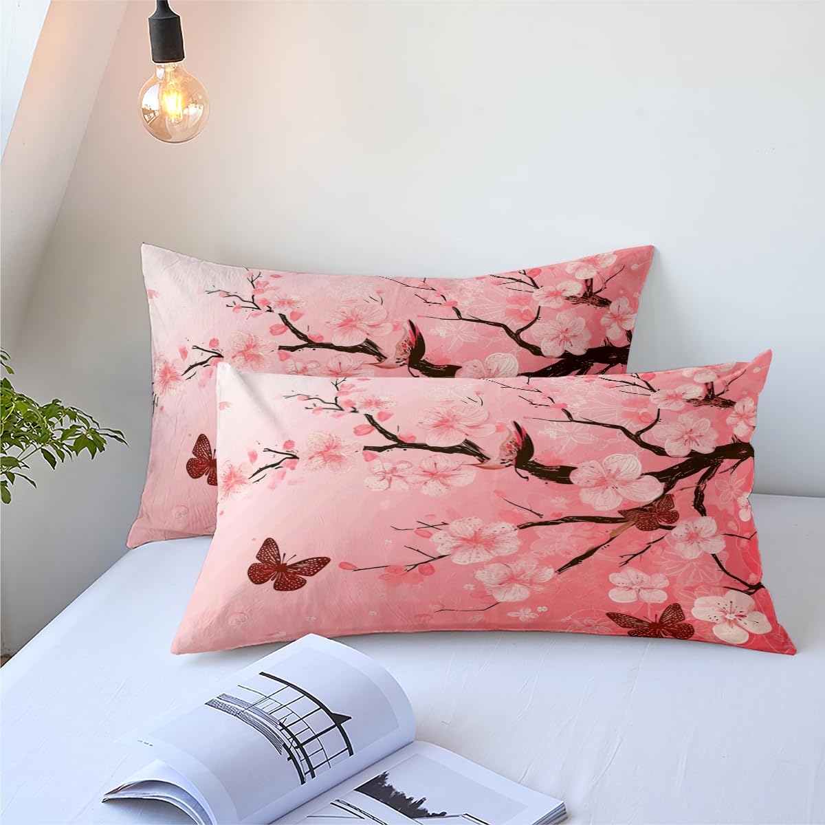 Pink Floral Butterfly Comforter Bedding Set King Size Japanese Cherry Blossom Bed Sets