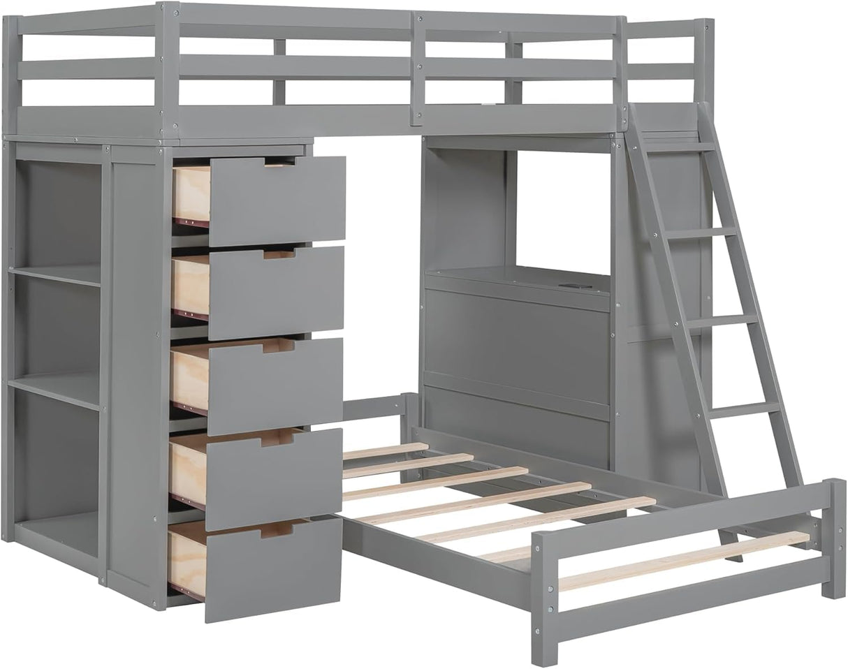 Over Twin Bunk Bed Loft Bed with Desk/ 8 Drawers/ 3 Shelves/Stairs/LED Light and USB