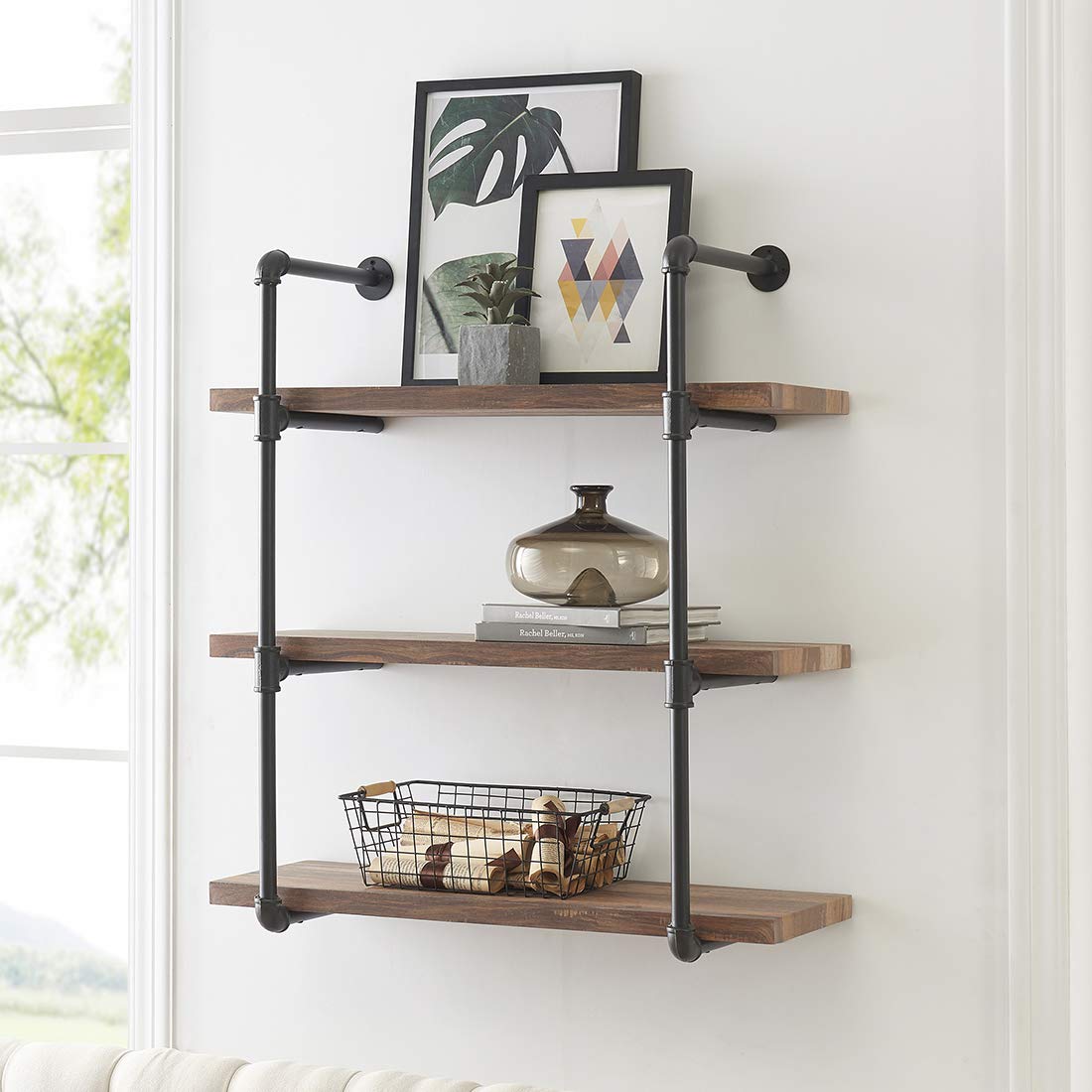Decorative Floating 3-Tier Wall Mounted Hanging Pipe Shelves - Rustic