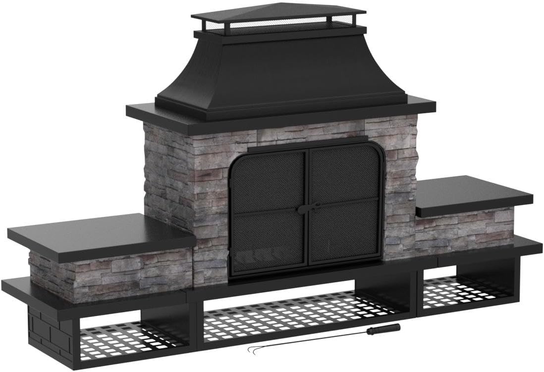 Outdoor Fireplace, Patio Wood Burning Fireplace with Steel Chimney