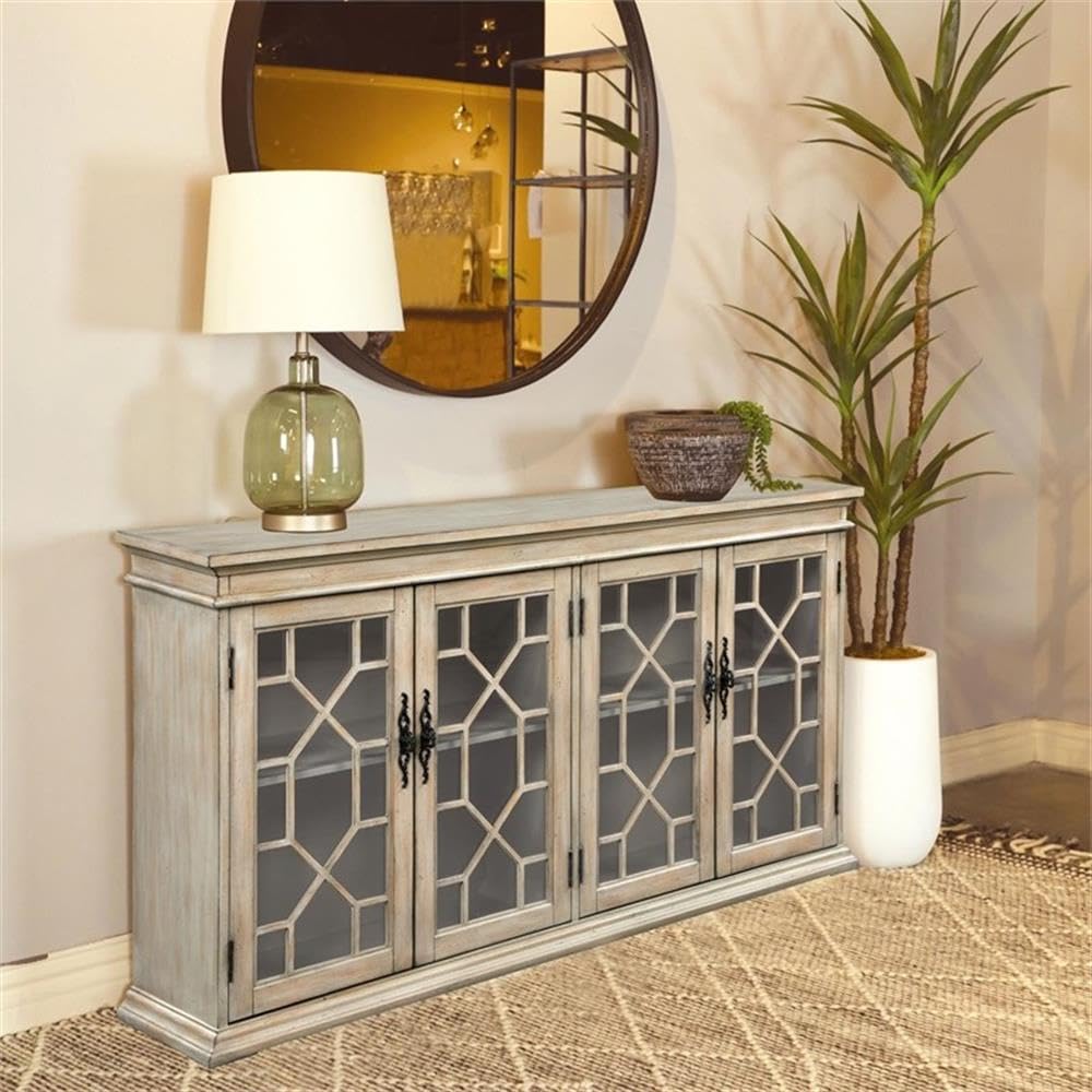 4-Glass Door Traditional Wood Accent Cabinet Ivory