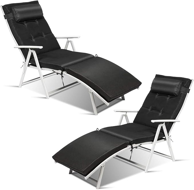 2 PCS Outdoor Folding Chaise Lounge Chair, Lightweight Recliner Chair w/ 7 Adjustable