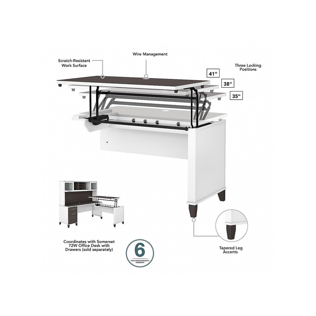 Somerset 72W 3 Position Sit to Stand L Shaped Desk with Hutch in White
