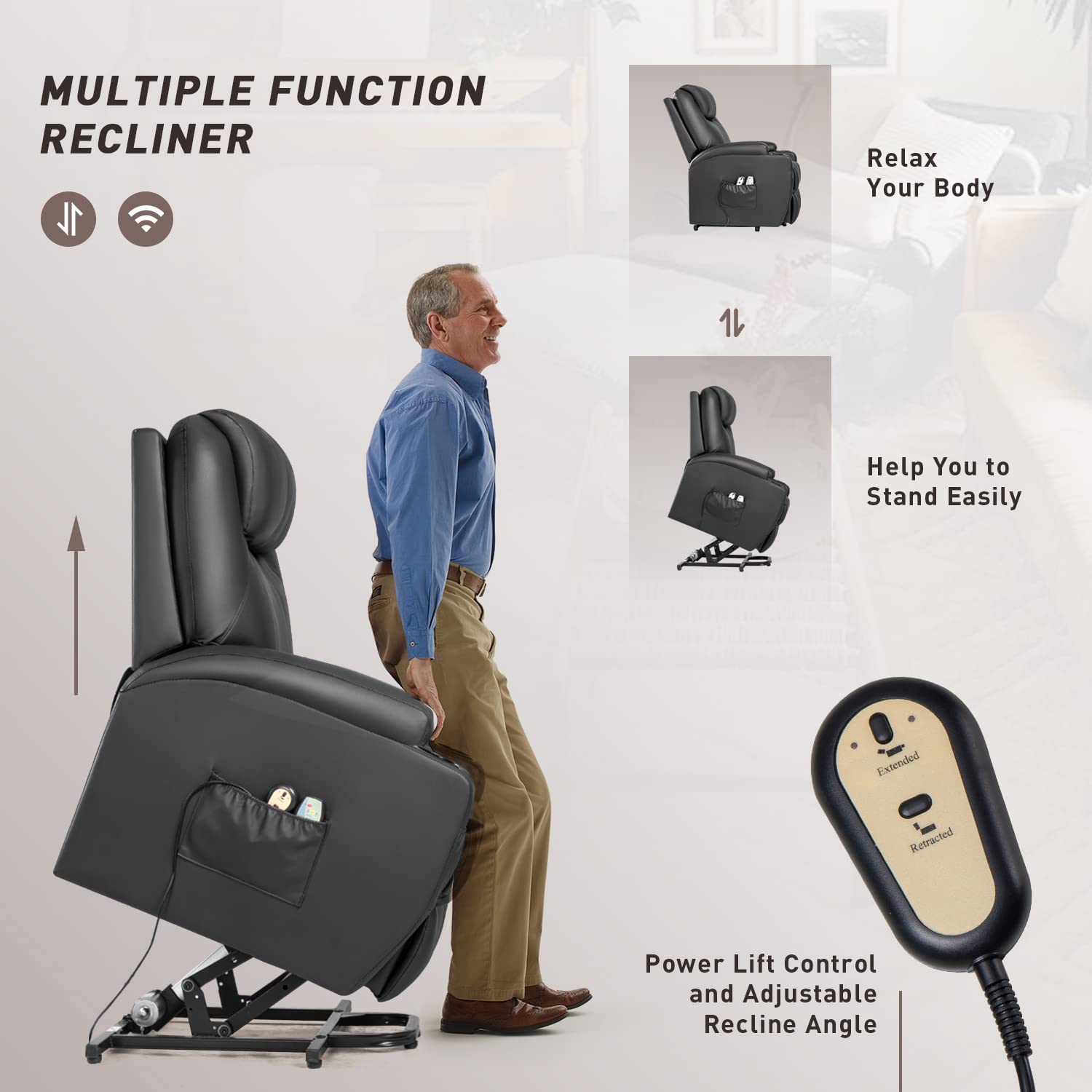 Power Lift Recliner Chair with Massage and Heating Functions, PU Leather Sofa