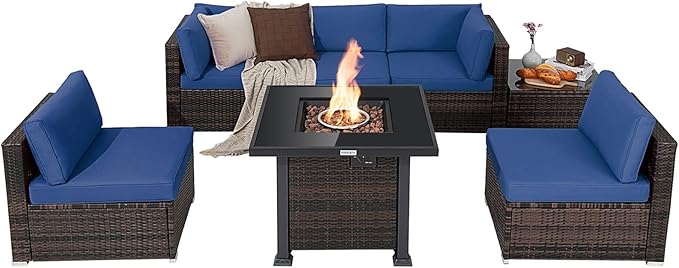 7 Pieces Patio Furniture Set with Fire Pit Table, 50