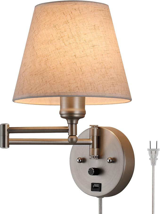 Plug-in Wall Sconce Swing Arm 1-Light Wall Mount Lamp with USB Charging Port Wall
