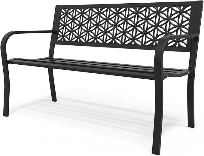 Outdoor Bench Metal with Floral Back, Garden Bench Front Porch Bench for Yard Patio