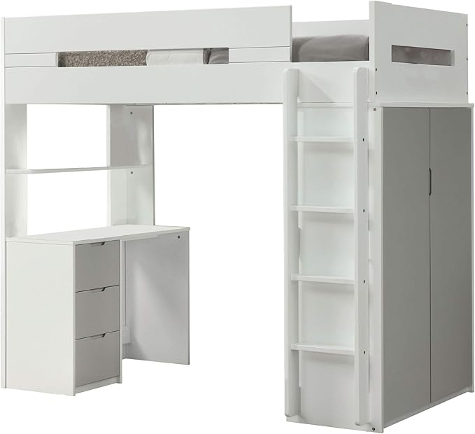 Wooden Twin Size Loft Bunk Bed with Workstation, White and Gray