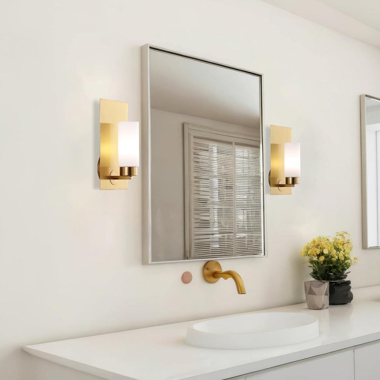 Brushed Brass Gold Wall Sconces Set of Two Modern Mid Century Bathroom Vanity Light