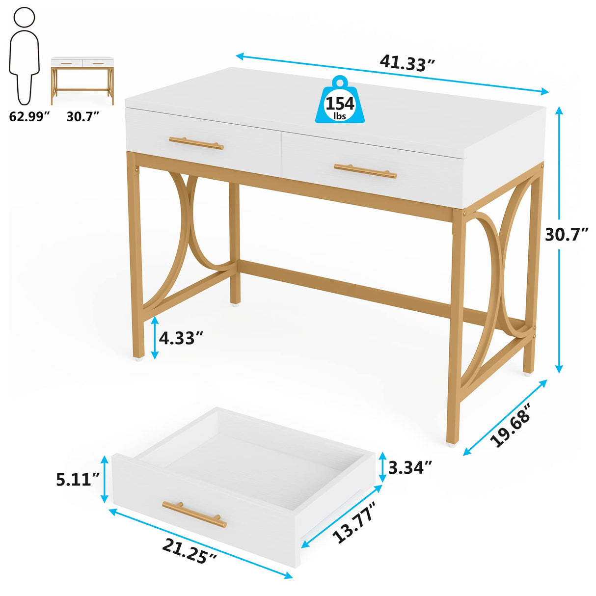 Modern Computer Desk with 2 Drawers, 41 Inches Study Writing Office Desk for Home Office