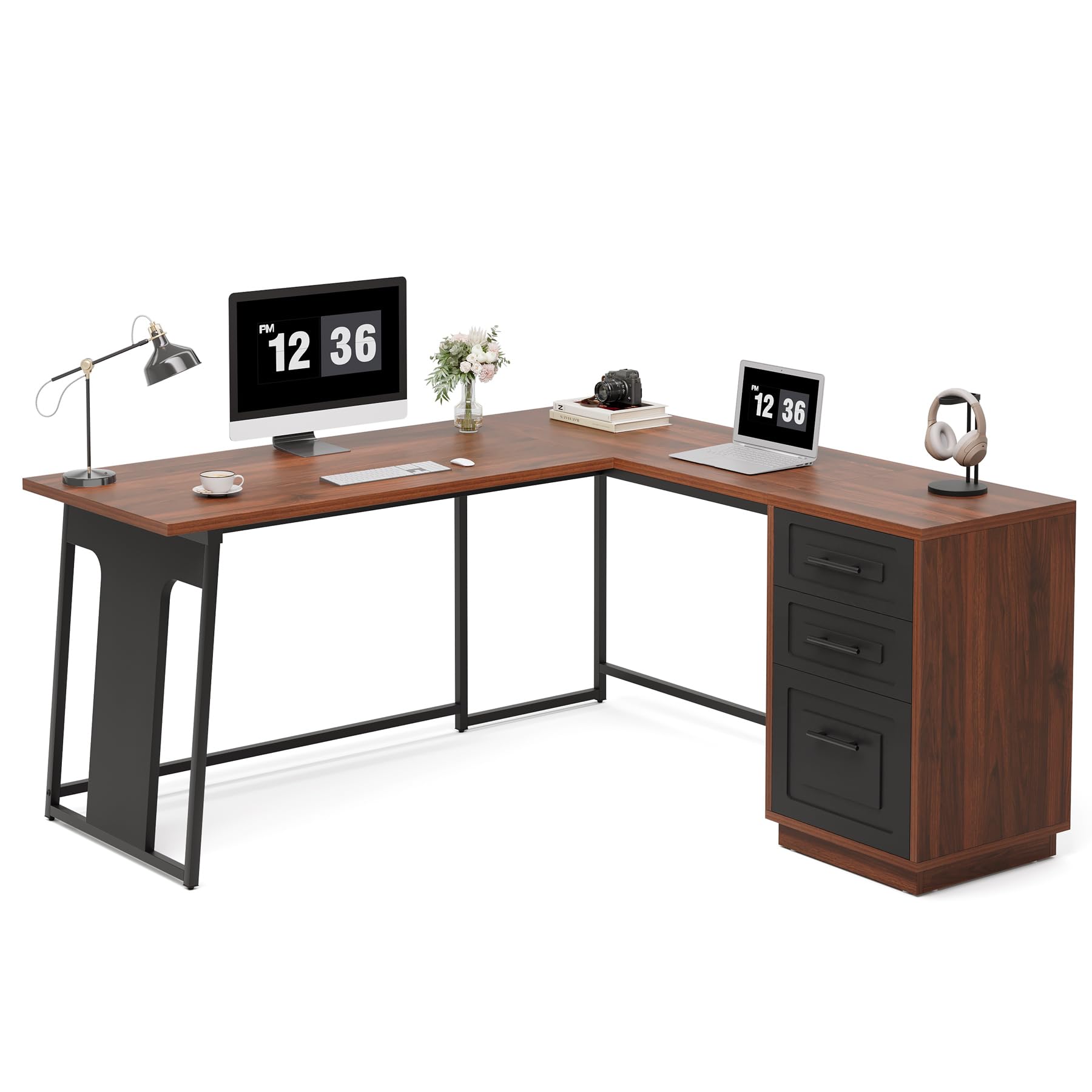 L-Shaped Computer Desk with Drawers, 55" Office Desk with File Drawer Storage