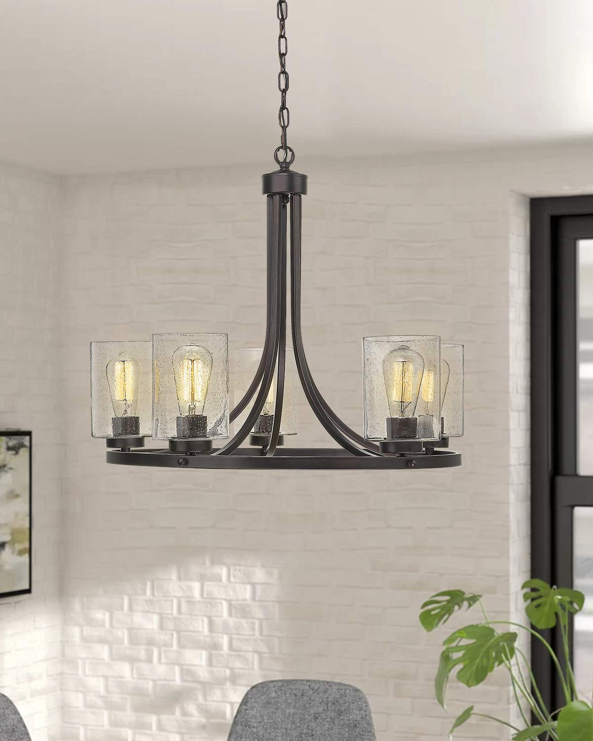 Beionxii 5-Light Wagon Wheel Chandelier, 26" Farmhouse Contemporary Foyer Pendant Light Dinning Room Lighting Fixture Oil Rubbed Bronze with Clear Seeded Glass