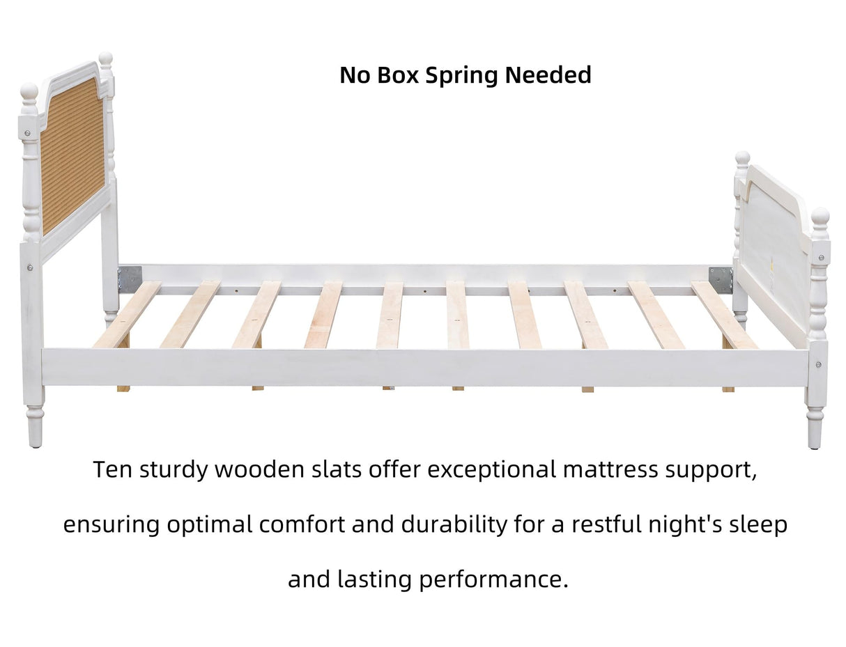 Queen Platform Bed Frame with Rattan Headboard - Traditional Pine Wood