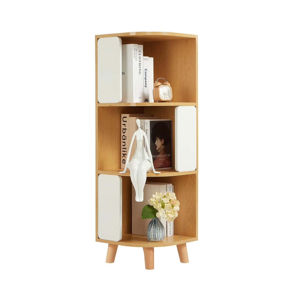 3-Tier Wood Corner Bookshelf, Nordic Style Modern Book Shelf