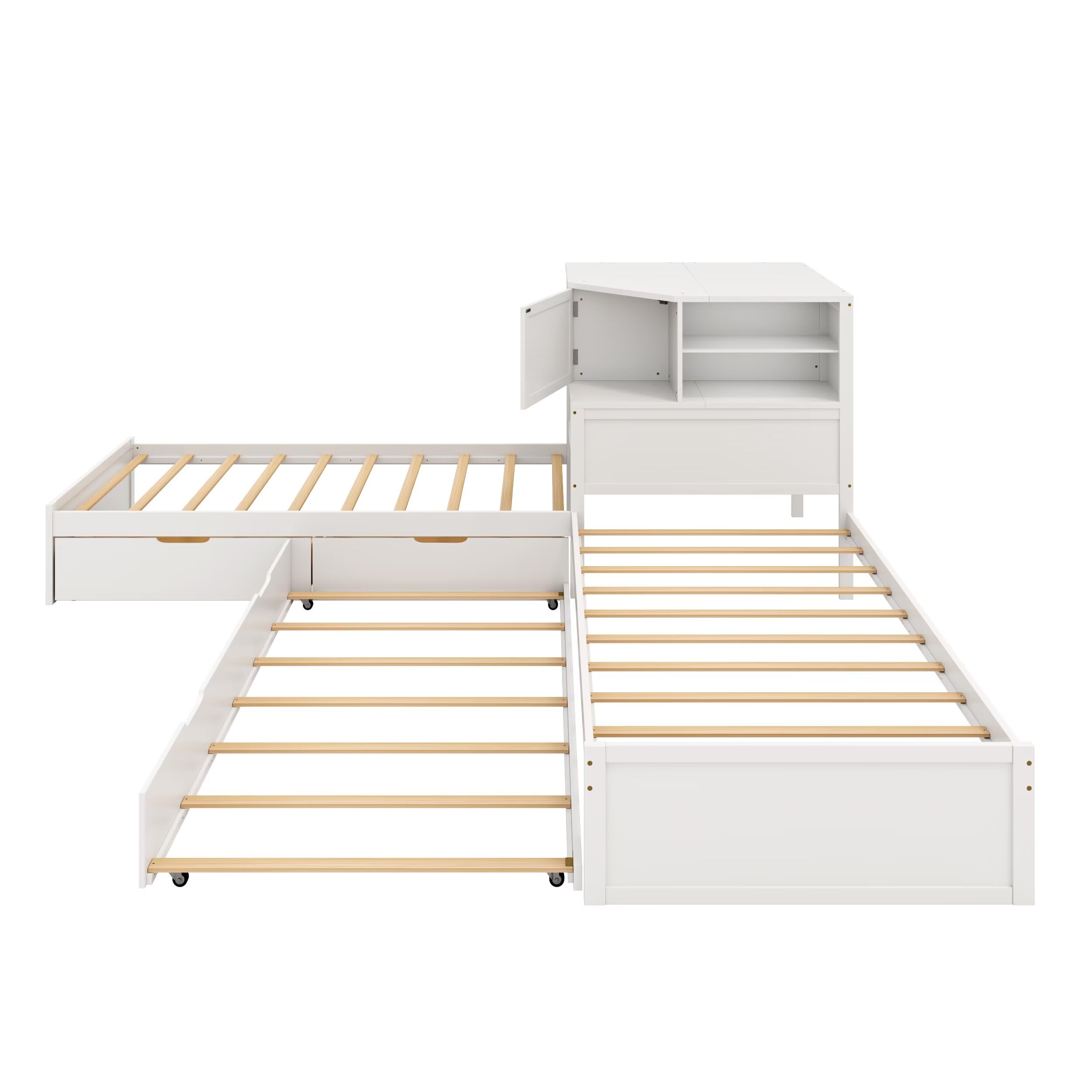 Bed with Trundle and Drawer,3-in-1 Low Corner Platform Bed Linked with Built-in Desk