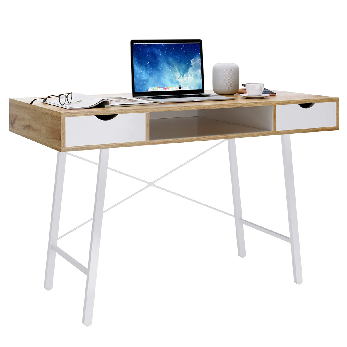 Mid Century Desk with Drawers, 47 inches Writing Study Desk with 2 Drawer and Opening