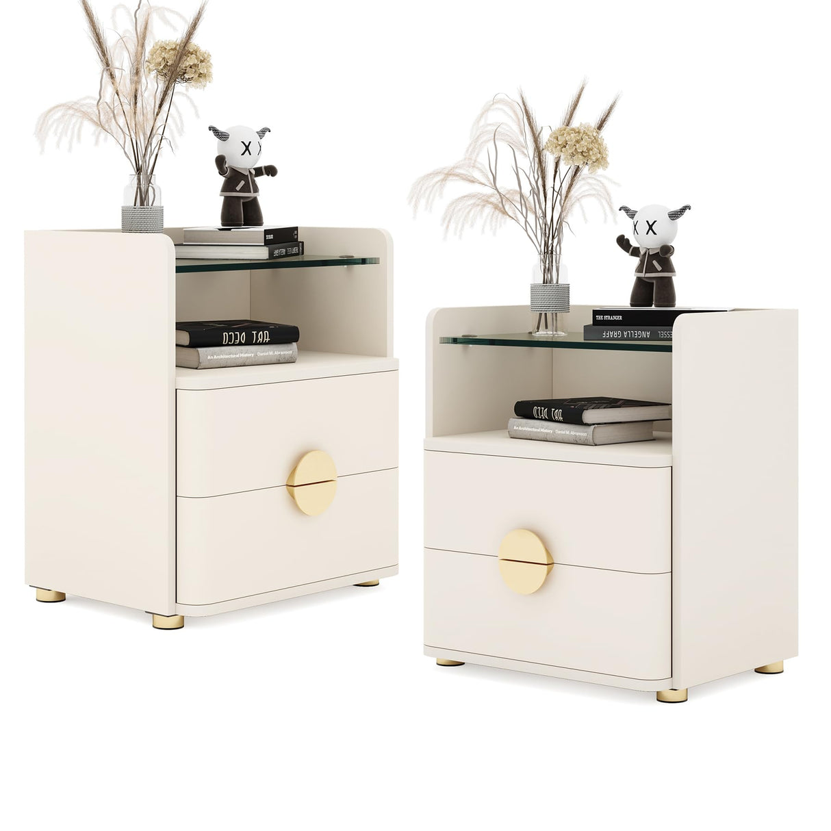 Nightstands Set of 2, Modern Night Stand with Open Tempered Glasses Storage Space,