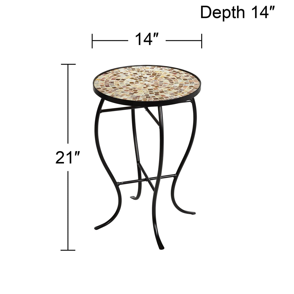 Teal Island Designs Mother of Pearl Modern Black Metal Round Outdoor Accent Side Table 14" Wide Natural Mosaic Tile Tabletop Gracefully Curved Legs for Spaces Porch Patio Home House Balcony Deck - Bircata