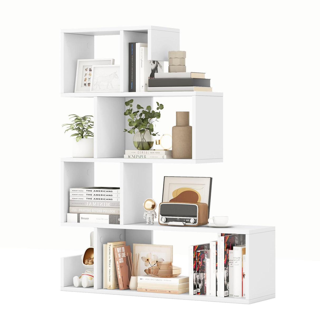 5-Tier S-Shaped Bookshelf, Geometric Bookcase w/Open Cubes, Modern Decorative Display Shelf w/Anti-Toppling Kits, Freestanding Storage Rack for Living Room, Study, Home, Office, White