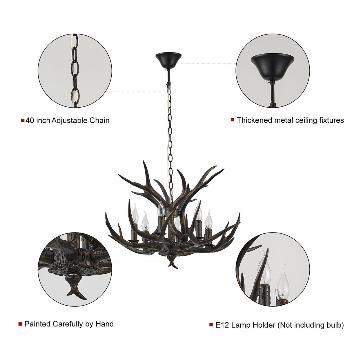 Coffee Brown Resin Antler Chandelier 6-Light Easy Install - Rustic Lodge Ceiling Fixture with E12 Base for Cabin, Living Room & Dining Room Deer Horn Antler Lamp (Coffee Brown)