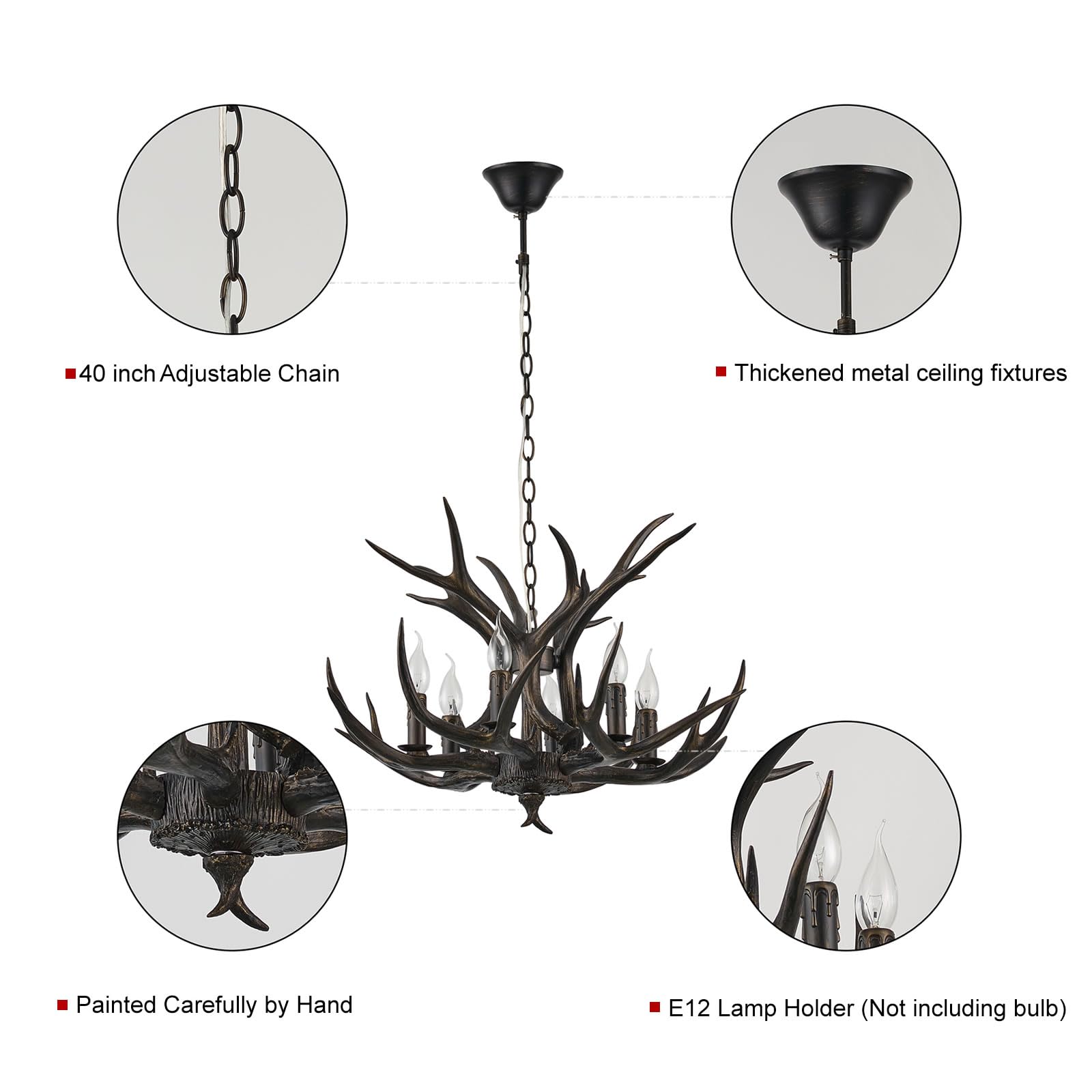 Coffee Brown Resin Antler Chandelier 6-Light Easy Install - Rustic Lodge Ceiling Fixture with E12 Base for Cabin, Living Room & Dining Room Deer Horn Antler Lamp (Coffee Brown)