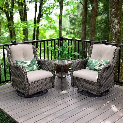 5 Piece Outdoor Patio Furniture Set Wicker Conversation Bistro Set Swivel Rocking Chairs with Side Table and Ottomans for Backyard, Porch, Deck(Mixed Grey/Orange)