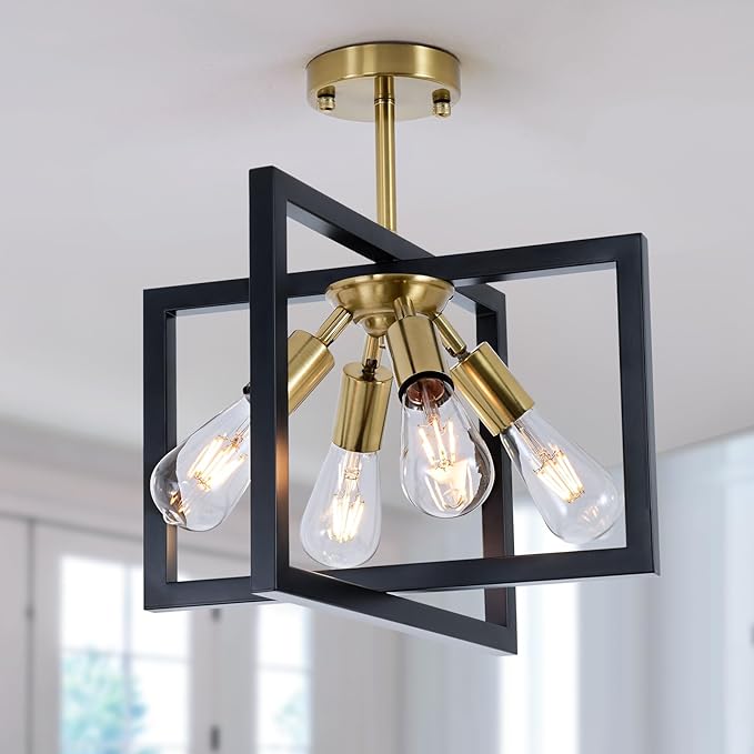 Farmhouse Semi Flush Mount Ceiling Light Fixture, 3-Light Industrial Black Close to Ceiling Lights,Chandeliers