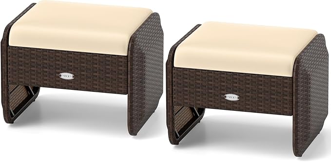 Wicker Outdoor Ottomans for Patio - 2-Piece Rattan Footstools w/Removable Cushions