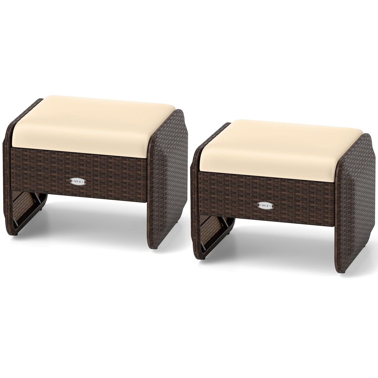 Wicker Outdoor Ottomans for Patio - 2-Piece Rattan Footstools w/Removable Cushions