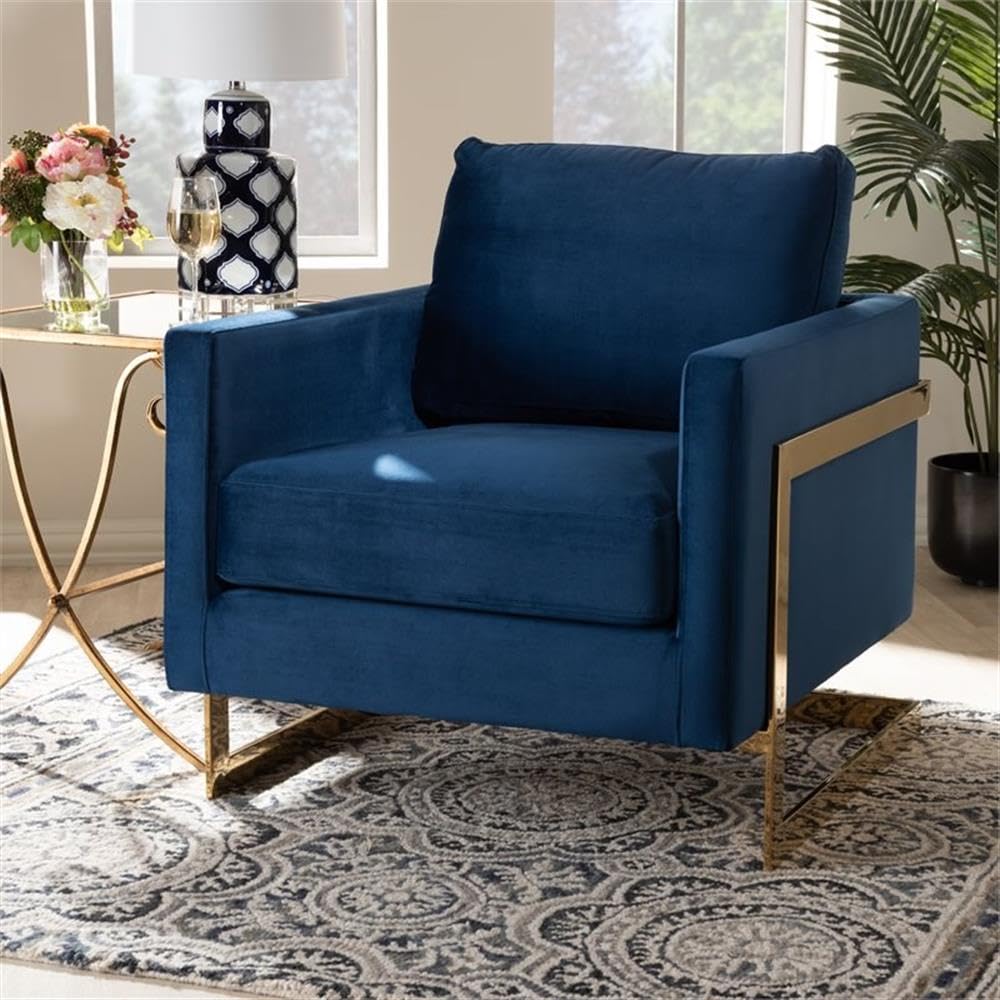 Matteo Velvet Fabric with Gold Finish Accent Chair in Royal Blue