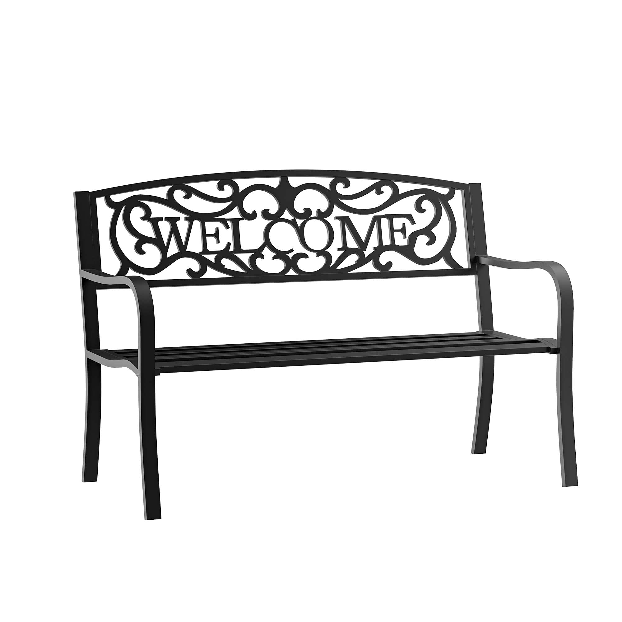 50" Outdoor Metal Welcome Bench, Garden Bench with Slatted Seat, Patio Bench for Park