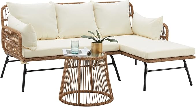 3-Piece Patio Conversation Bistro Set, Outdoor All-Weather Wicker Balcony Furniture