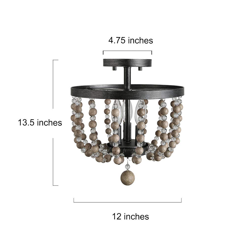 LALUZ Ceiling Light Fixture, 3-Light Bohemian Lighting for Entryway, Foyer, Distressed Wood Bead Chandelier, Dark Silver Brushed, 12 D” x 13.6” H