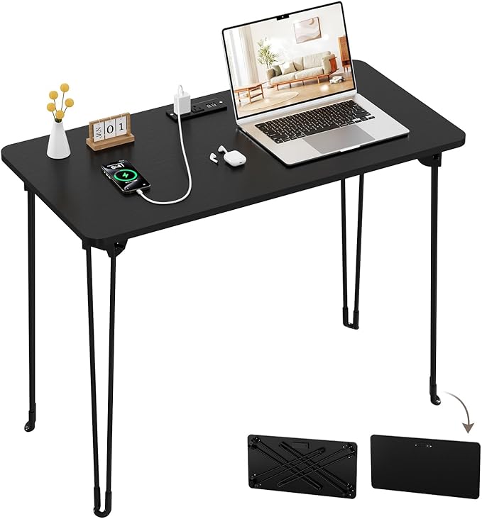 Folding Desk, 31.5" Hairpin Legs Small Desk with Power Strip for Bedroom