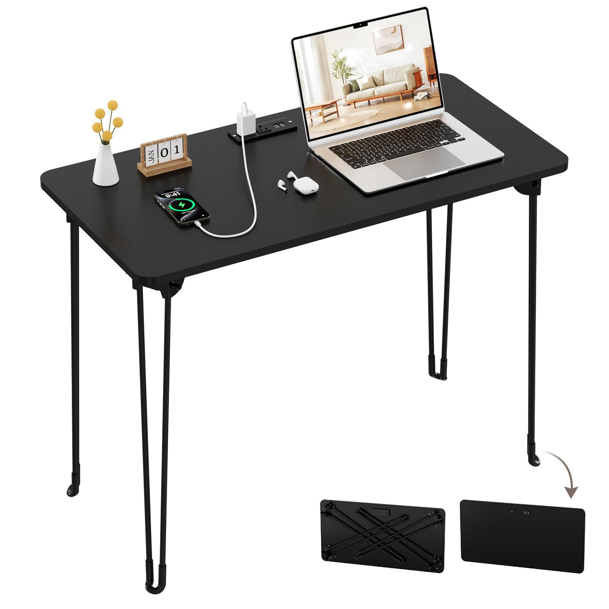 Folding Desk, 31.5" Hairpin Legs Small Desk with Power Strip for Bedroom
