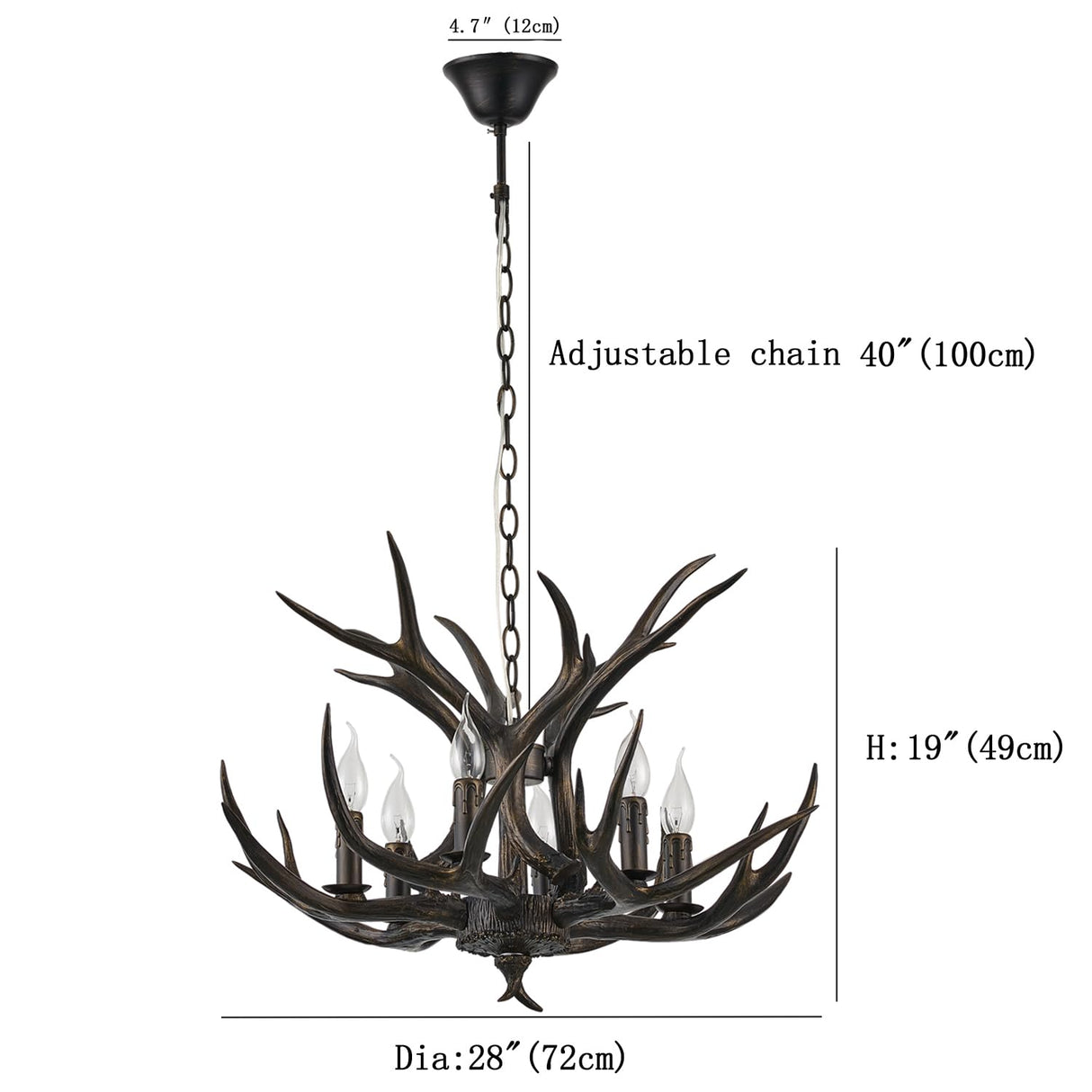 Coffee Brown Resin Antler Chandelier 6-Light Easy Install - Rustic Lodge Ceiling Fixture with E12 Base for Cabin, Living Room & Dining Room Deer Horn Antler Lamp (Coffee Brown)