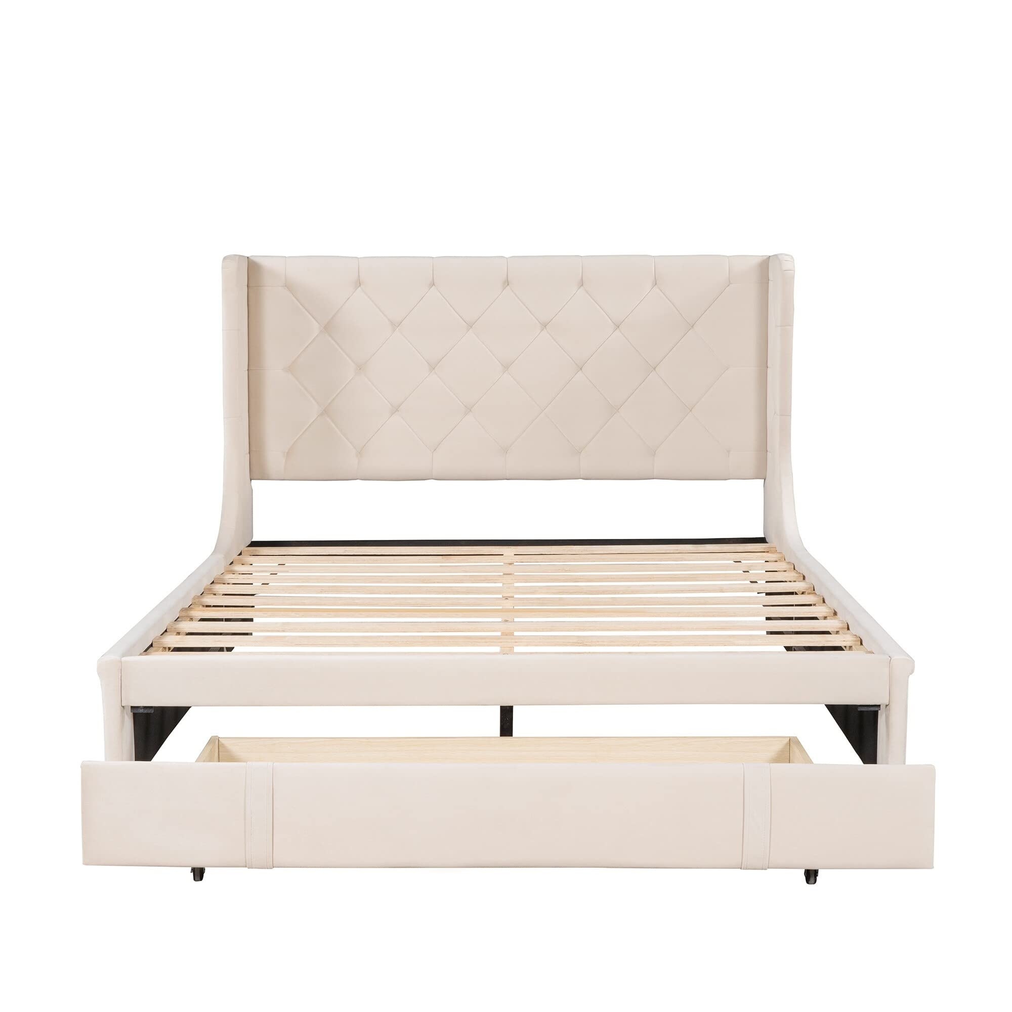 Queen Size and Velvet Upholstered Platform Bed Beige