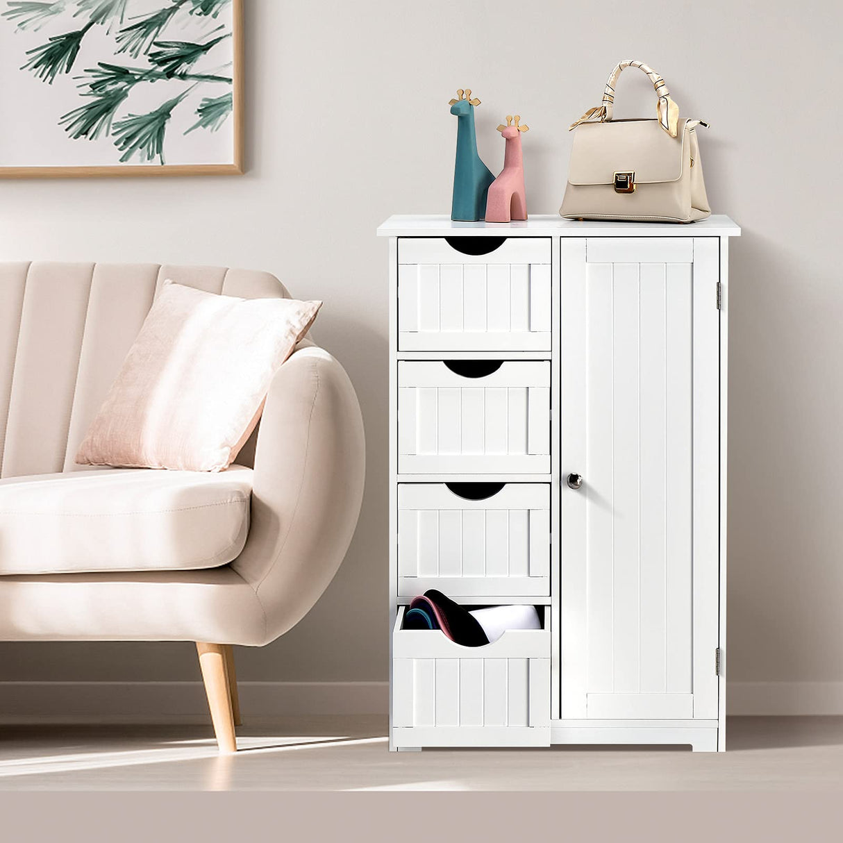 Storage Cabinet Wooden Bathroom Floor Cabinet Small Space Furniture White Side Storage Organizer