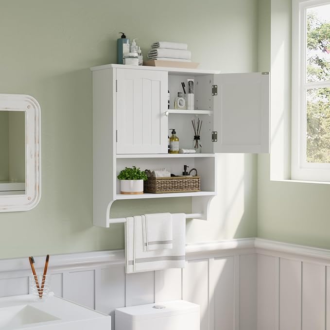White Bathroom Cabinet Wall Mounted with Towels Bar, Bathroom Medicine Cabinet
