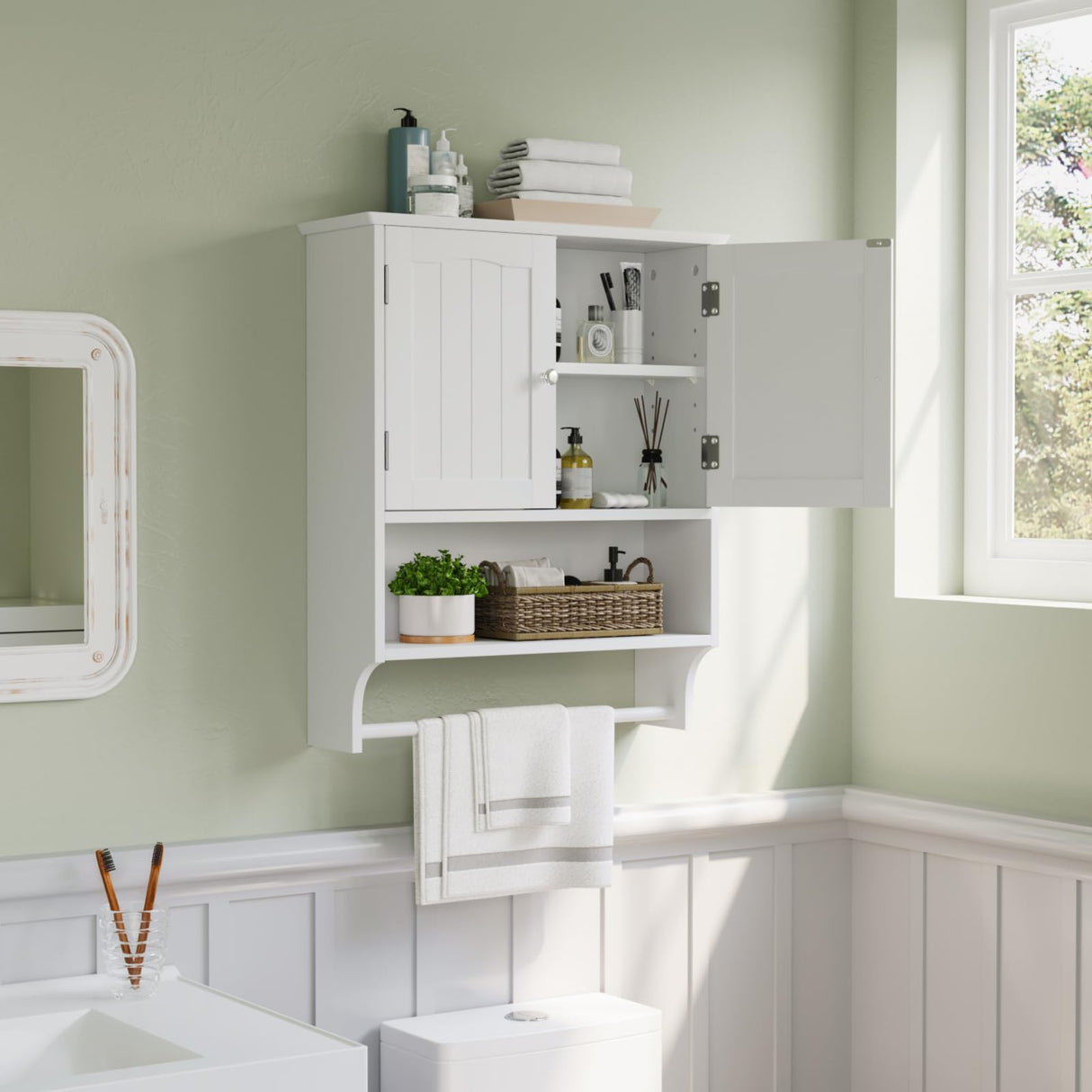 White Bathroom Cabinet Wall Mounted with Towels Bar, Bathroom Medicine Cabinet