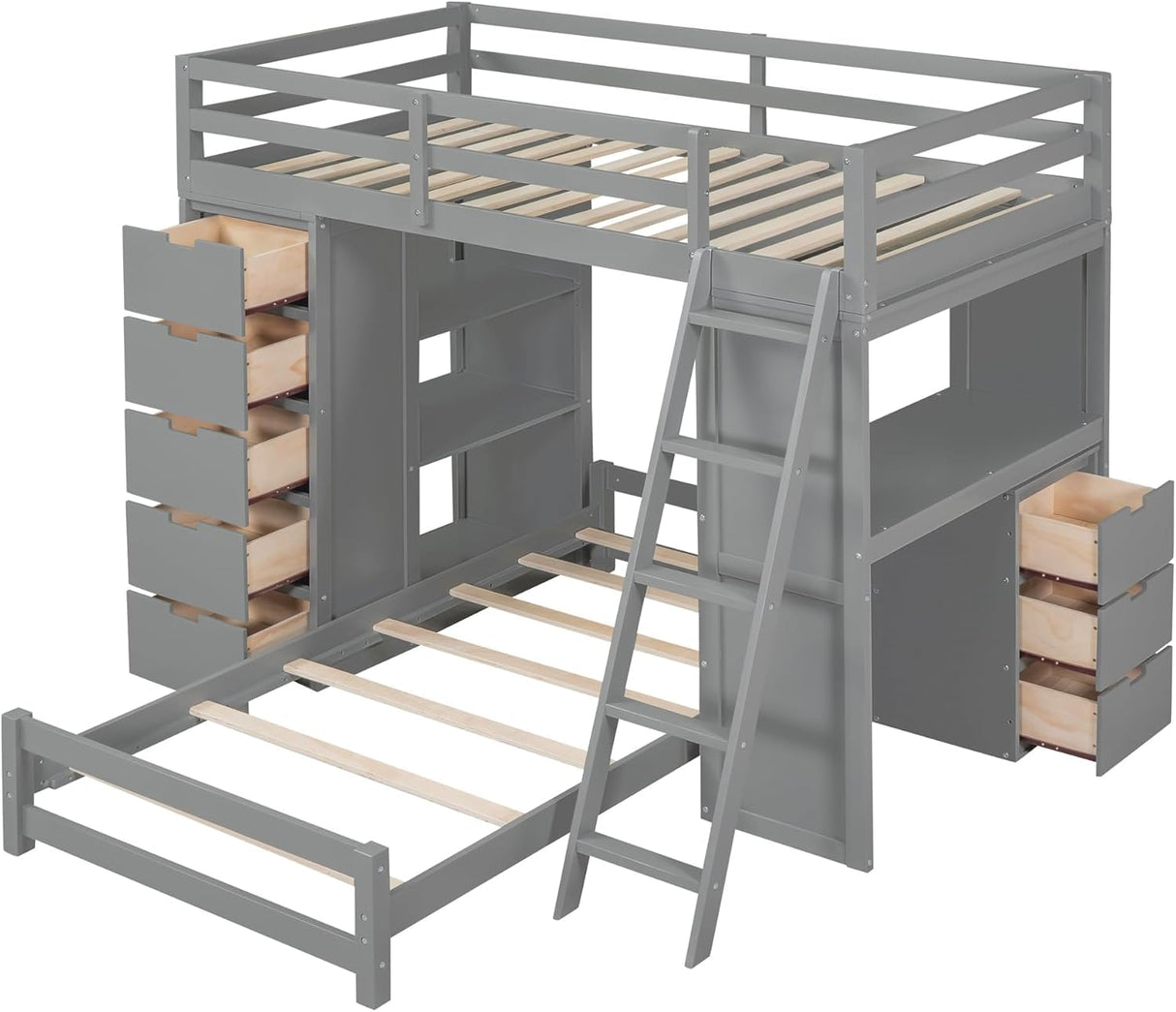 Over Twin Bunk Bed Loft Bed with Desk/ 8 Drawers/ 3 Shelves/Stairs/LED Light and USB