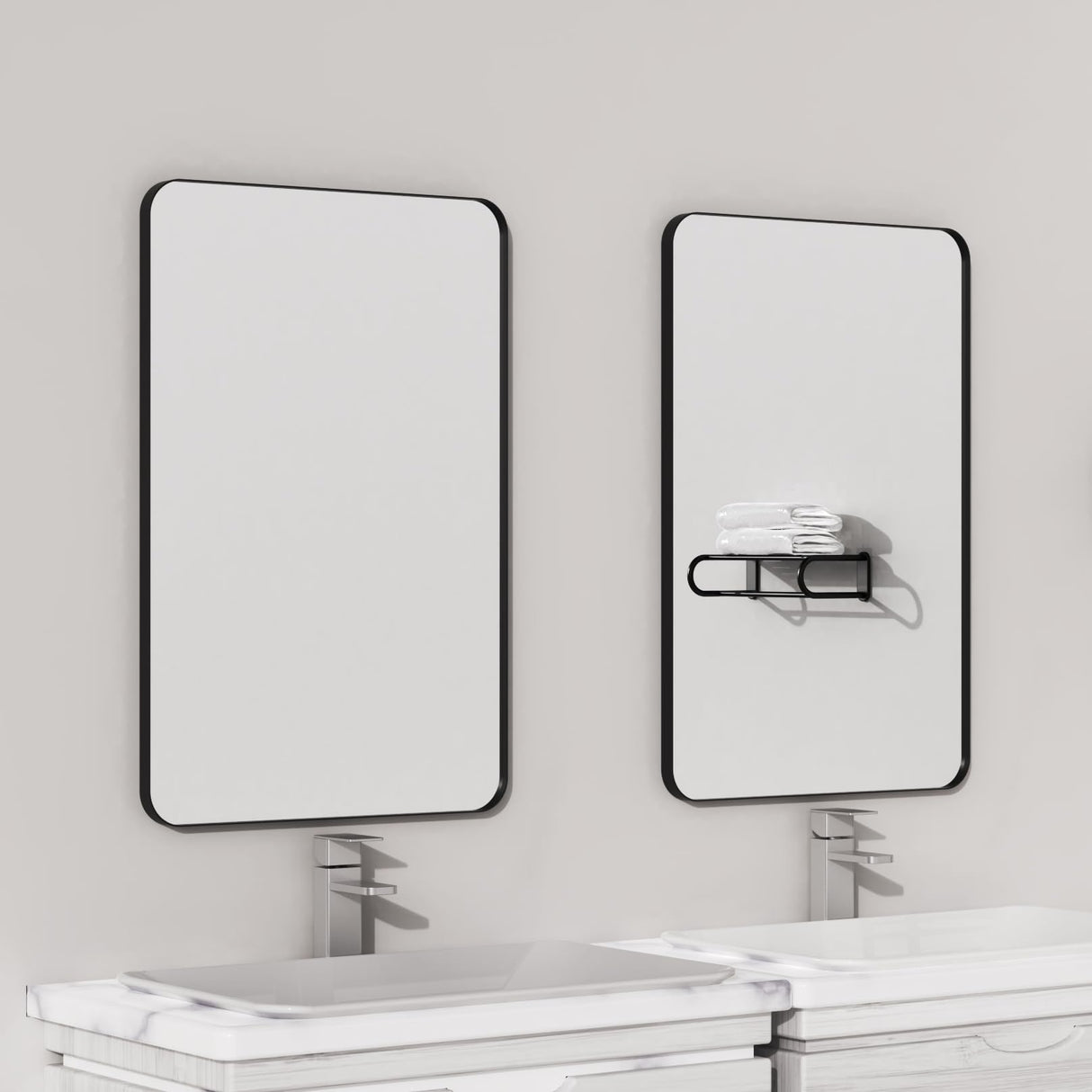 Black Bathroom Mirror for Wall, Rounded Rectangle Metal Framed Bathroom