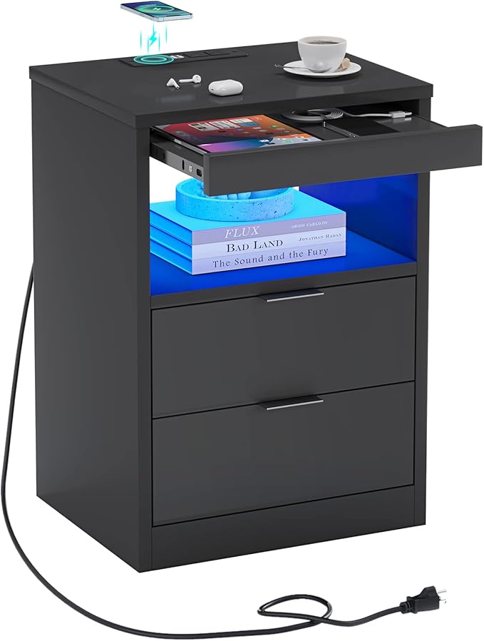 ED Nightstand White Nightstand with Wireless Charging Station 2 Drawers