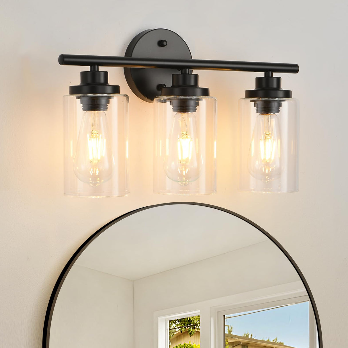 3 Lights Bathroom Vanity Light Fixtures Black Modern Wall Sconce Light with Clear Glass