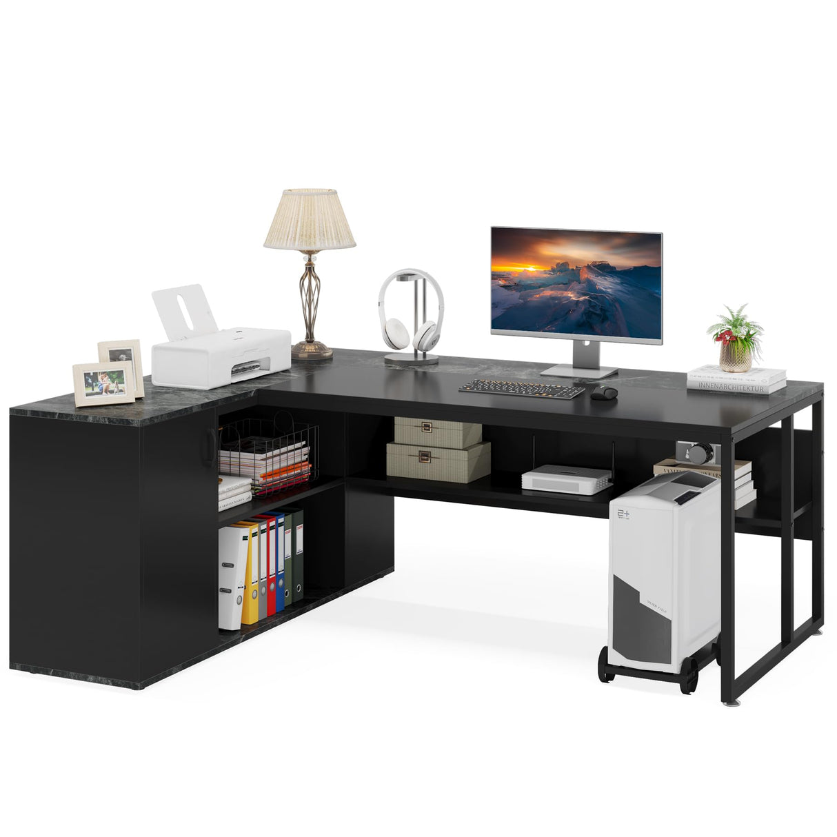 LITTLE TREE Large Executive Desk with File Cabinet, 71 inch L Shaped Computer Desk Office Desk with Drawers and Storage Shelves, Business Furniture Desk Workstation for Home Office, Black