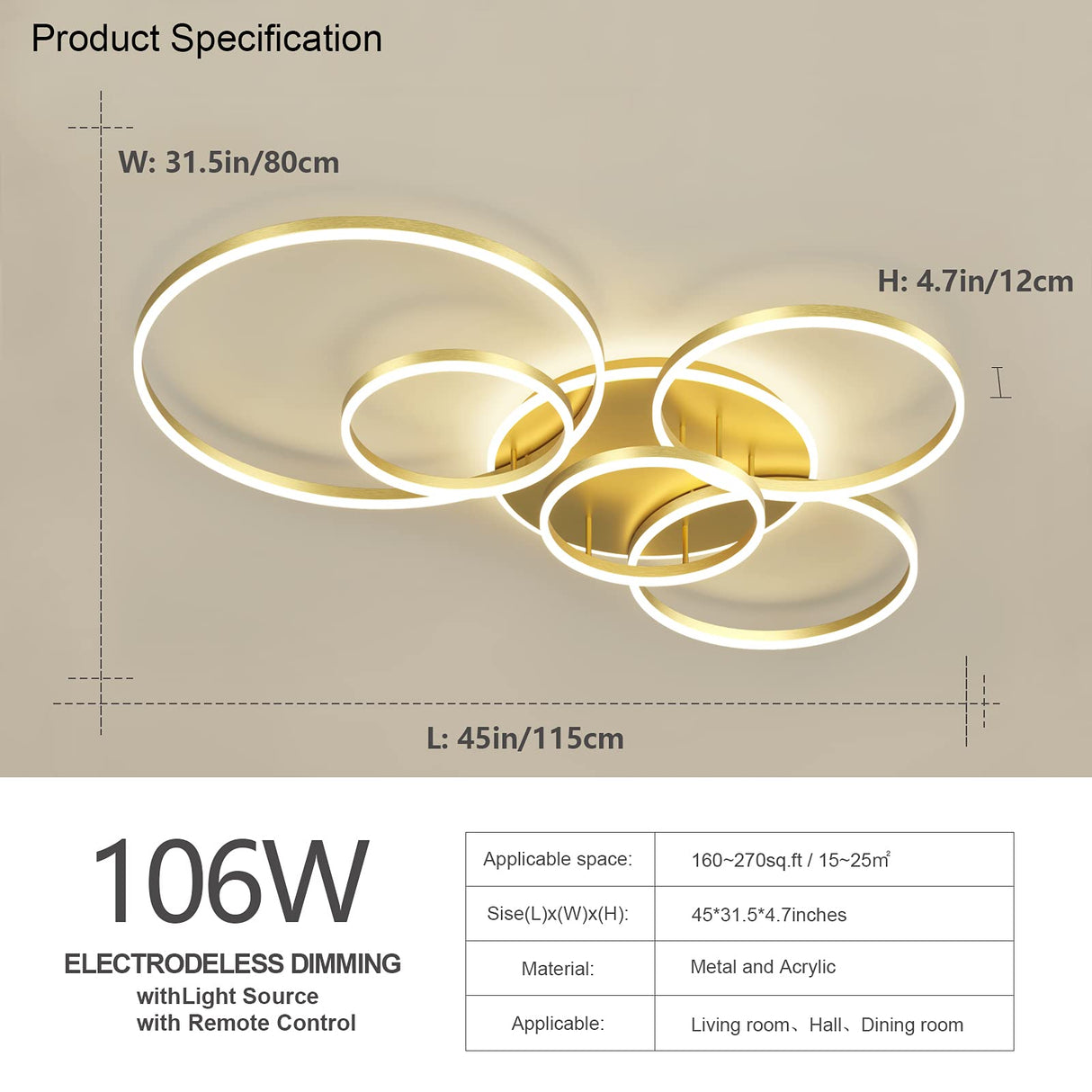 LED Ceiling Light 106W Dimmable LED Acrylic Ceiling Lamp with Remote Control 6 Rings