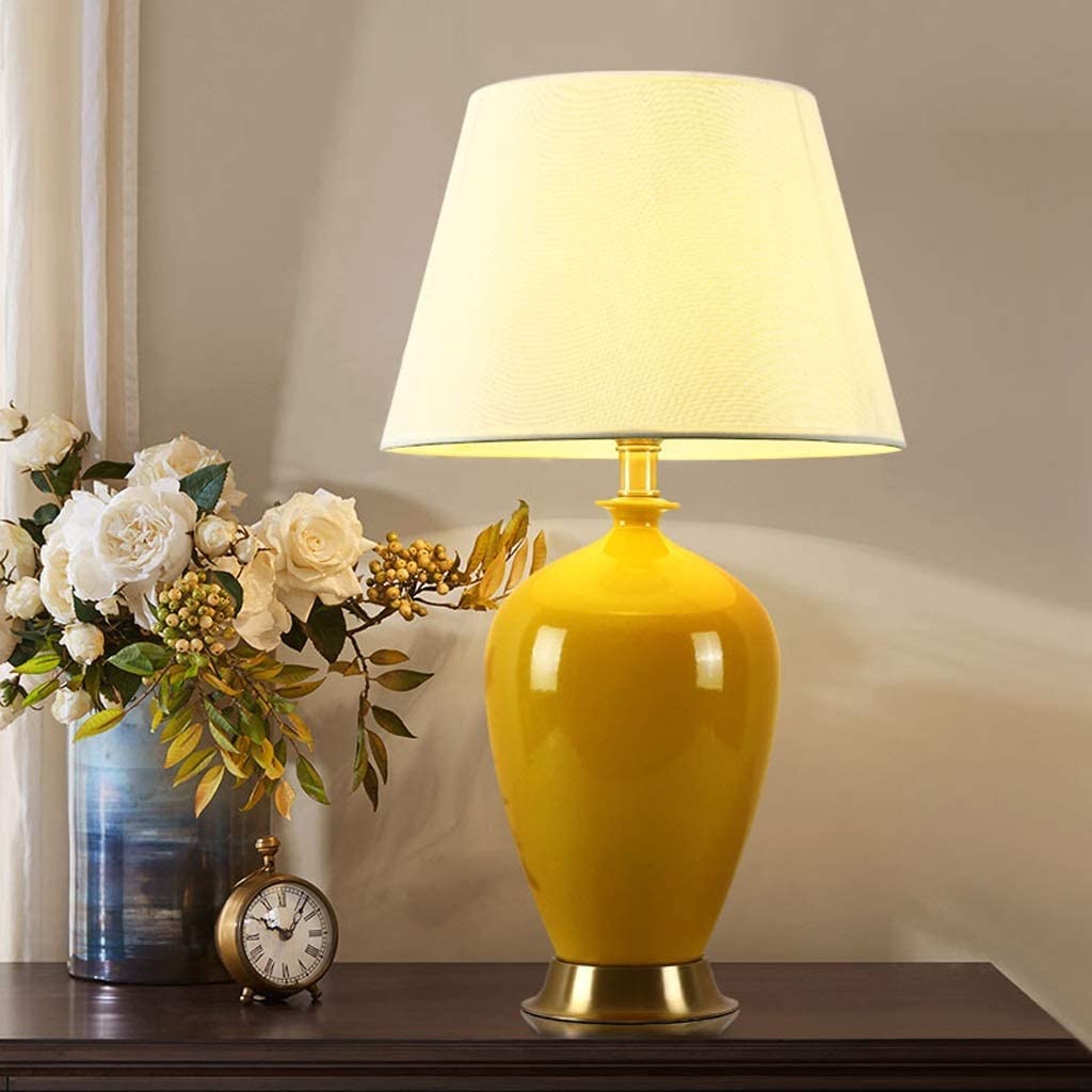 POCHY Table Lamp Table Lamp Luxurious Ceramic Bedside Lamp Fabric Lampshade Desk Lamp Button Switch Desk Light Copper Base Nightstand Lamp Simple Elegant