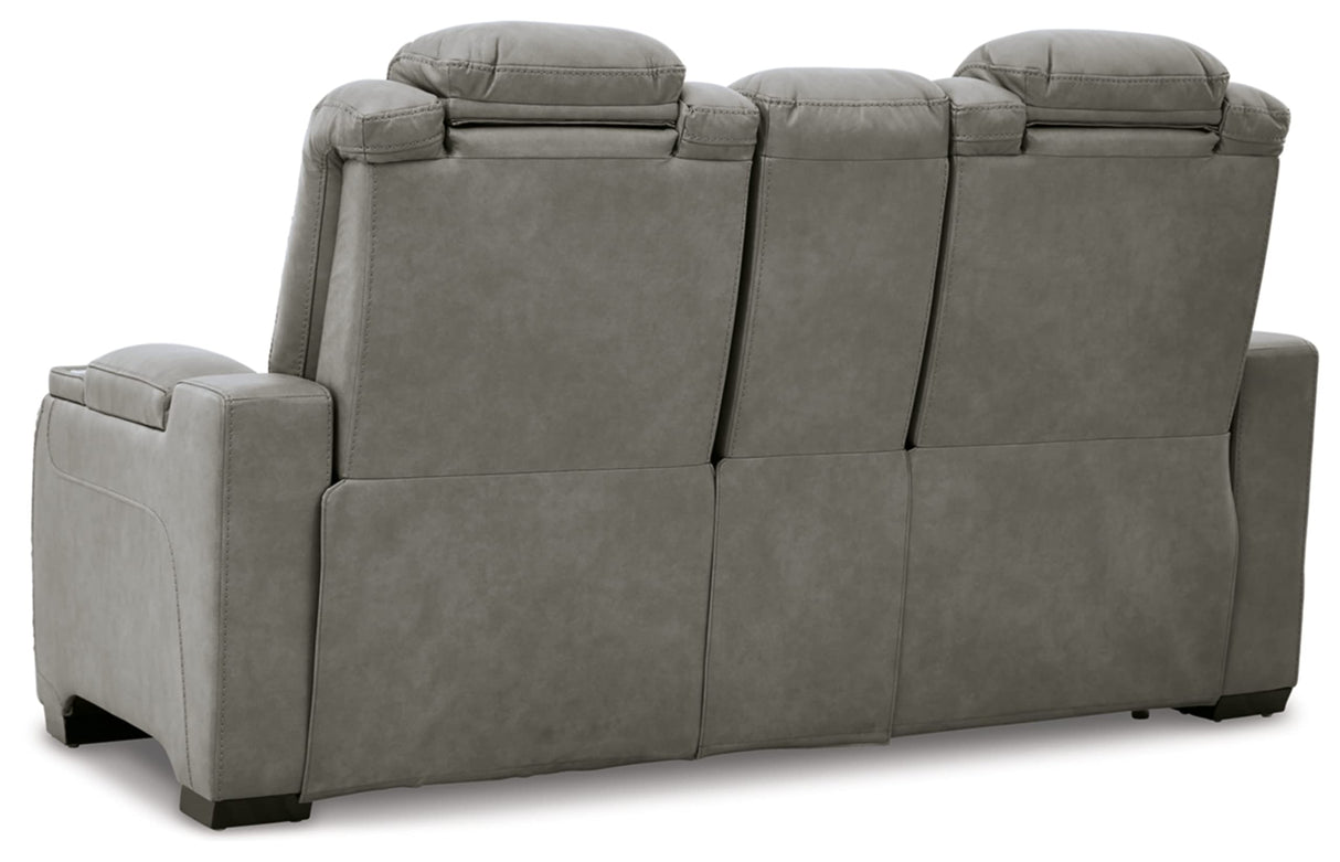 The Man-Den Leather Power Reclining Loveseat with Center Console, Adjustable Headrest